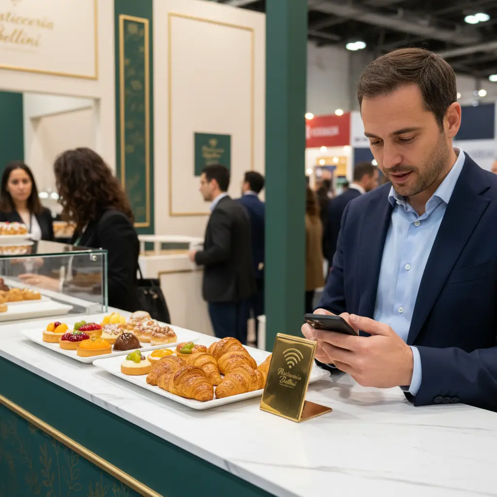 Un buyer davanti al vassoio di pasticceria di uno stand in fiera avvicina il telefono al totem NFC