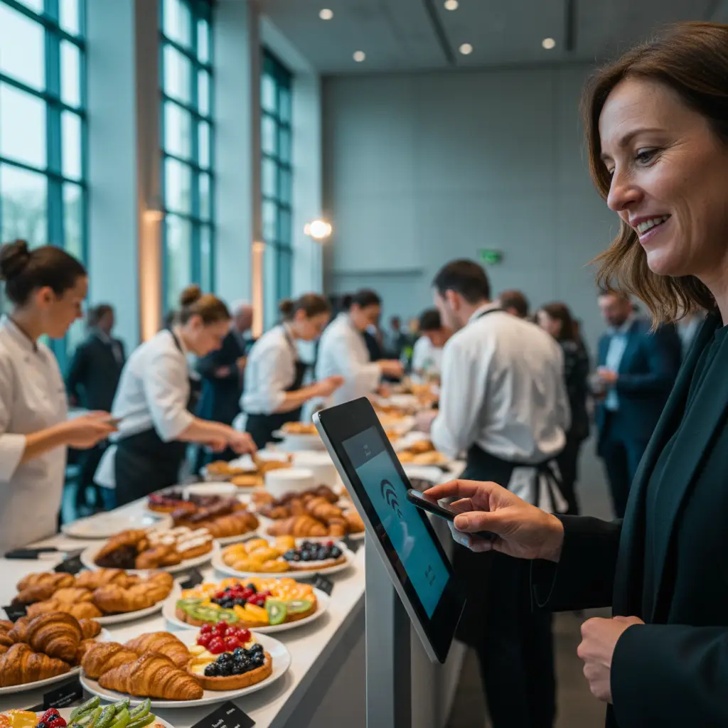 Una professionista fa il check-in con il telefono al totem durante un open day con degustazione di prodotti da forno