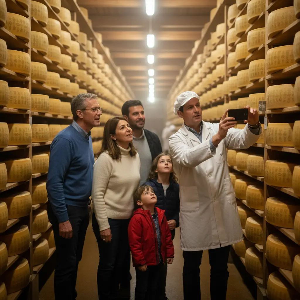 Visitatori nel magazzino di stagionatura di un caseificio tra le forme di Parmigiano Reggiano