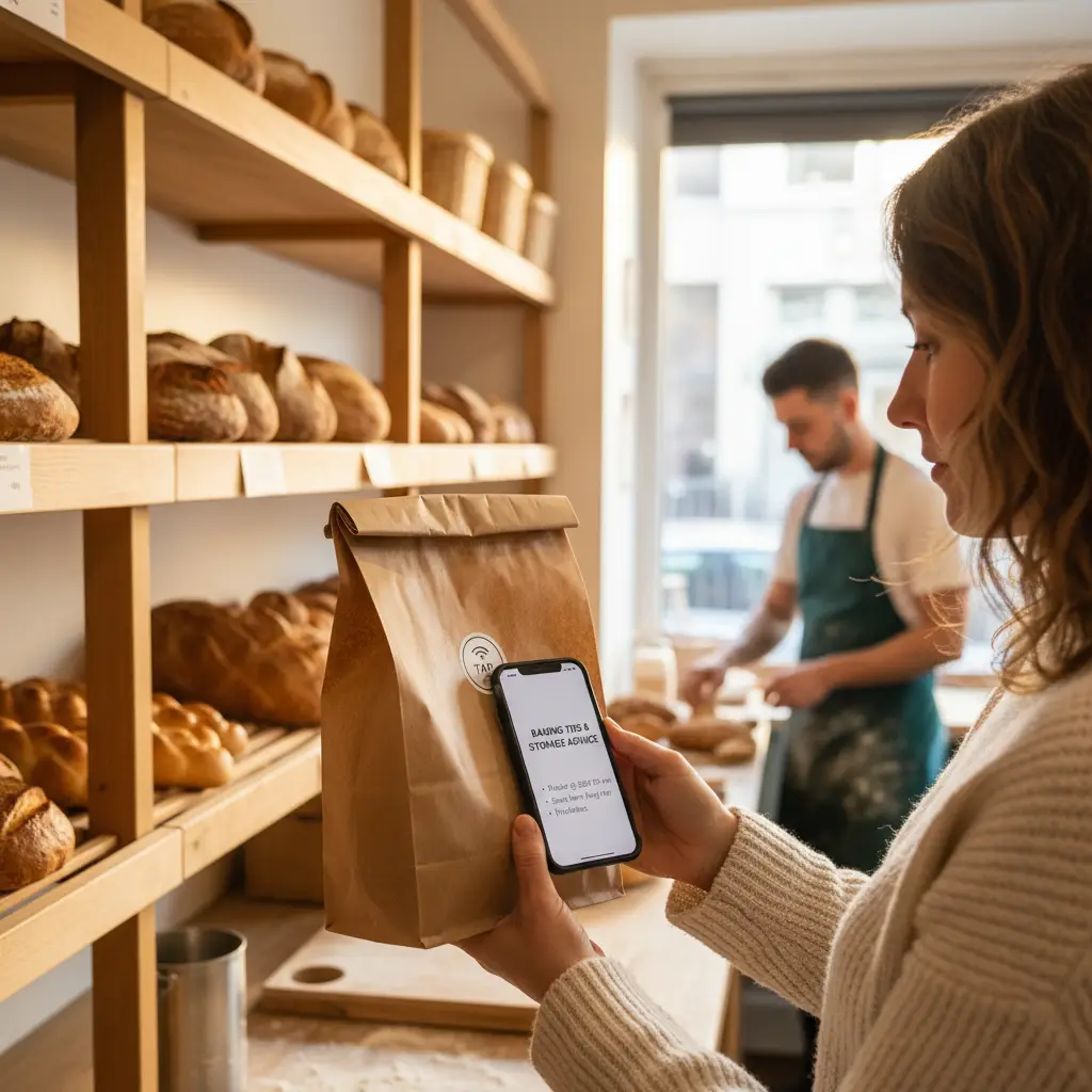 Nello spaccio di un forno artigianale una cliente avvicina il telefono al sacchetto del pane con etichetta NFC
