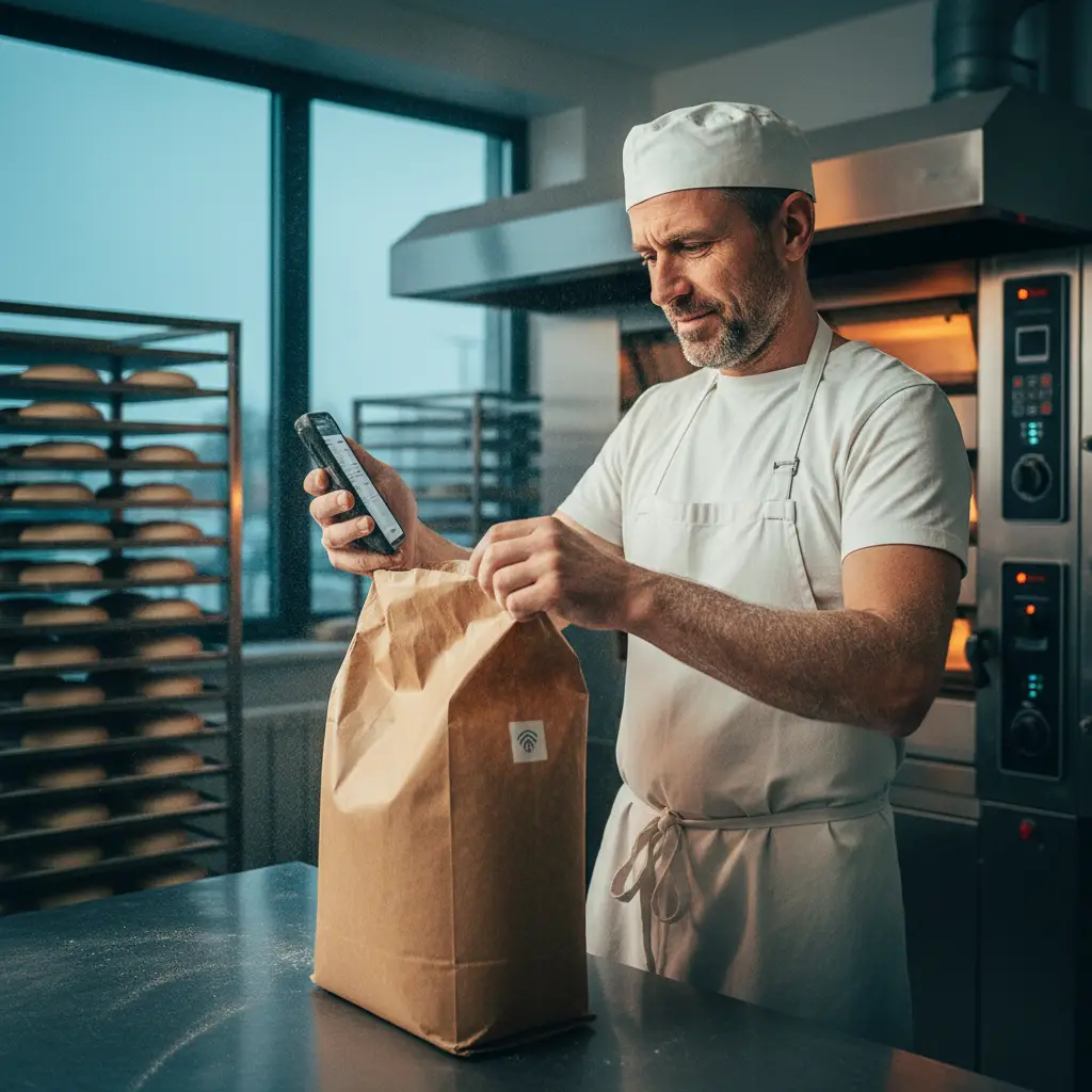 Un panettiere all'alba apre un sacco da 25 kg e legge dosaggi e assistenza sul telefono