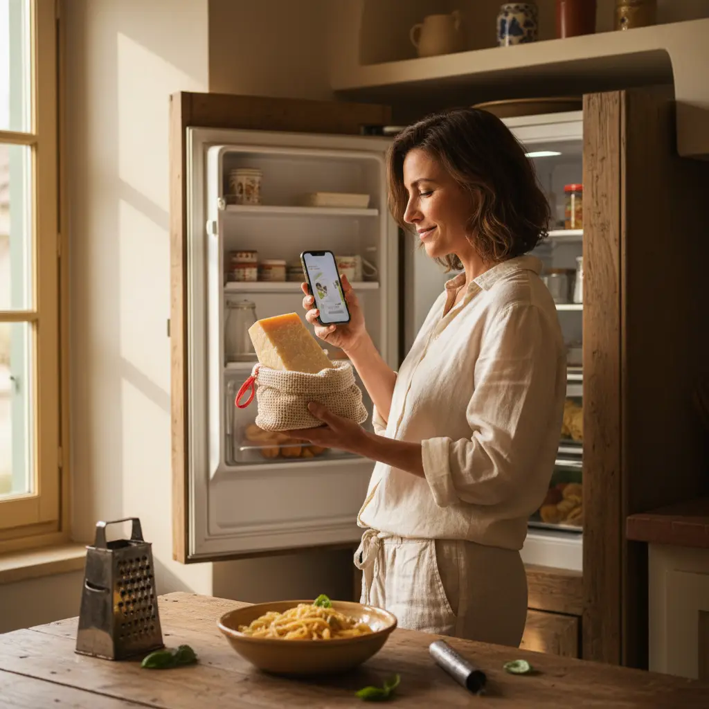 In cucina una donna chiede al telefono come conservare il Parmigiano Reggiano nel sacchetto