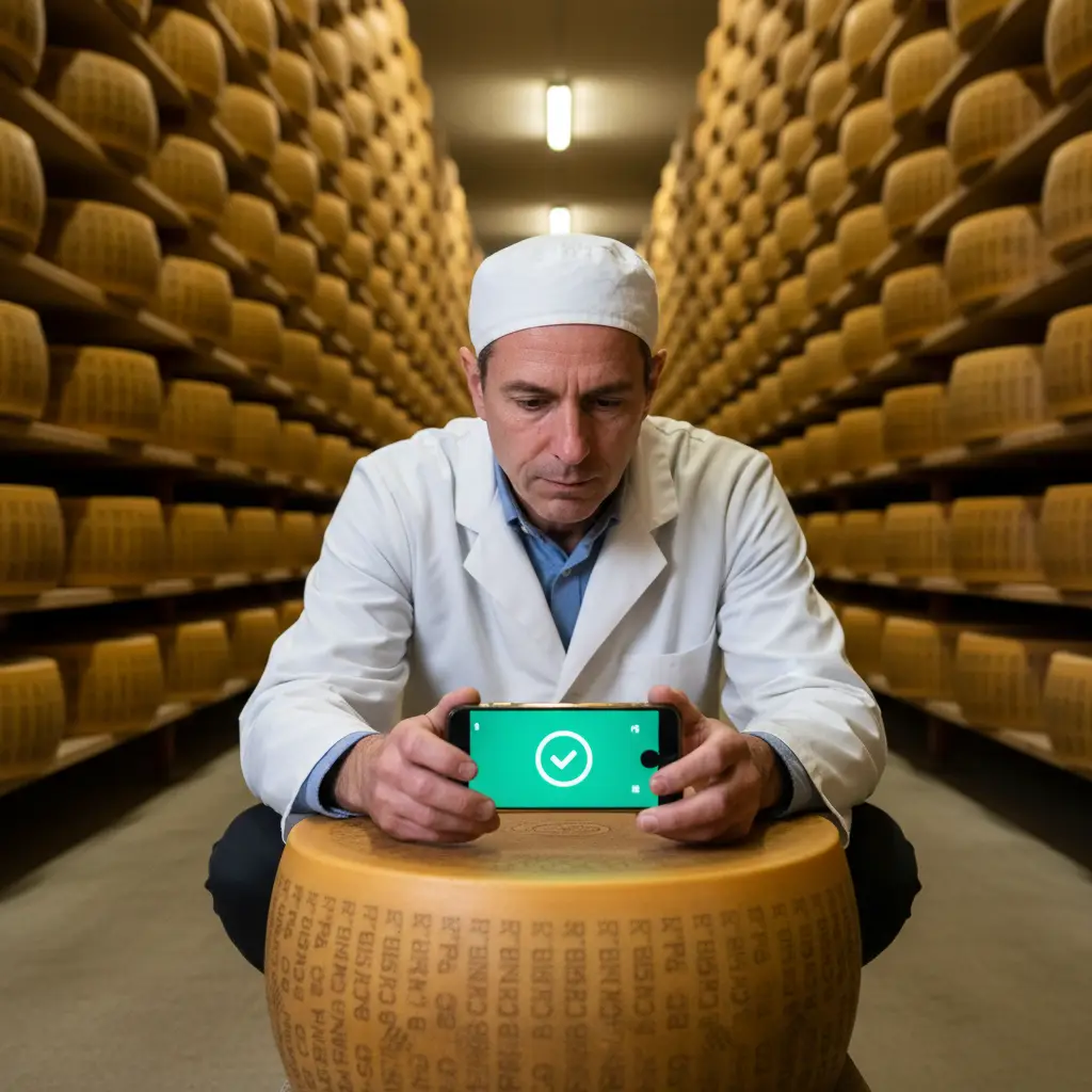 Un ispettore verifica con il telefono la fascia di marchiatura di una forma di Parmigiano Reggiano