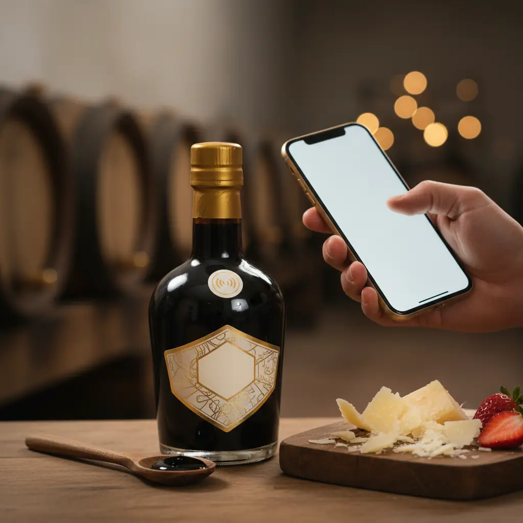 Una mano avvicina lo smartphone all’etichetta NFC di una bottiglia di aceto balsamico di Modena