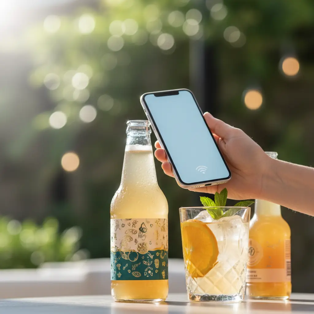 Una mano avvicina lo smartphone all’etichetta NFC di una bevanda artigianale in bottiglia di vetro