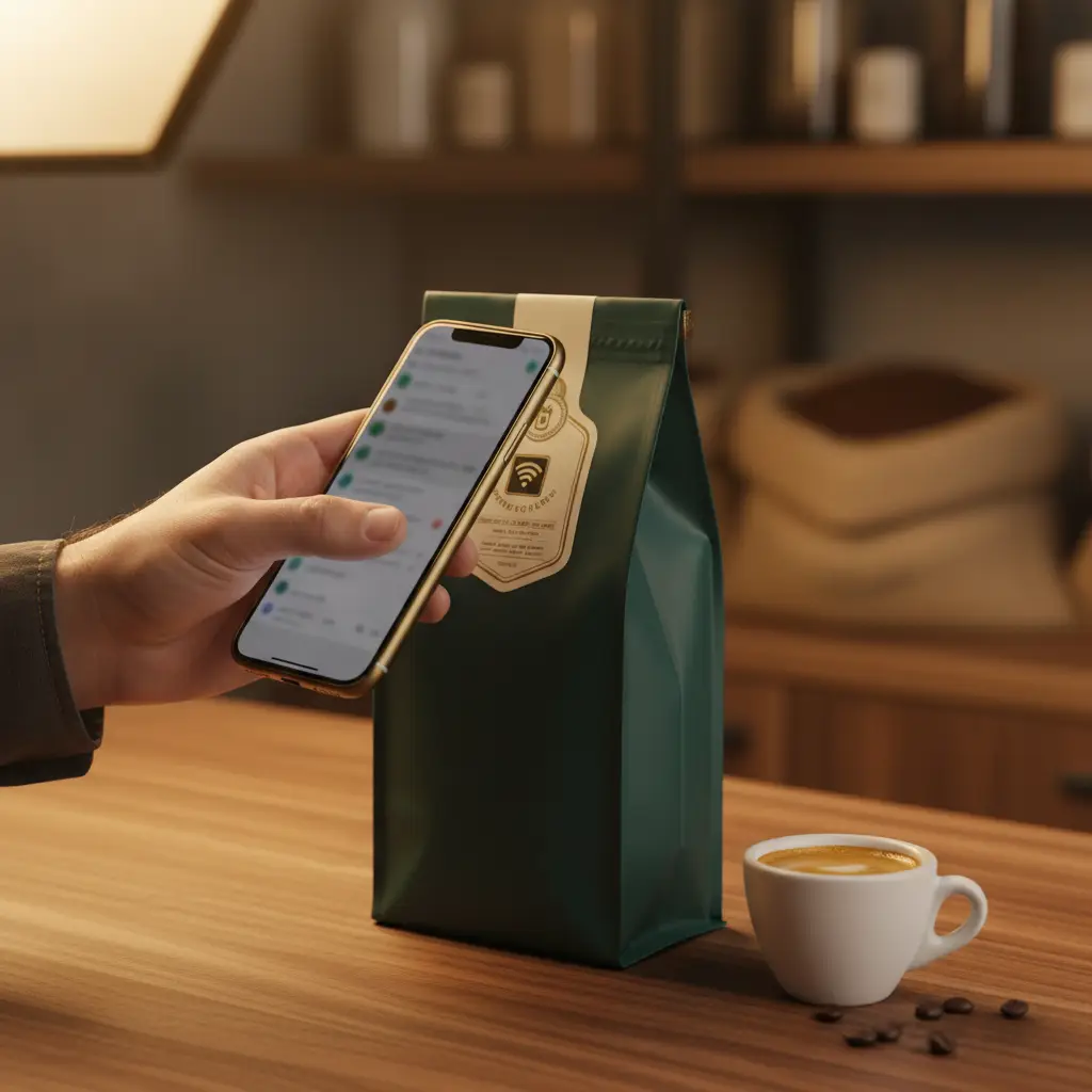 Una mano avvicina lo smartphone all’etichetta NFC di un sacchetto di caffè in torrefazione