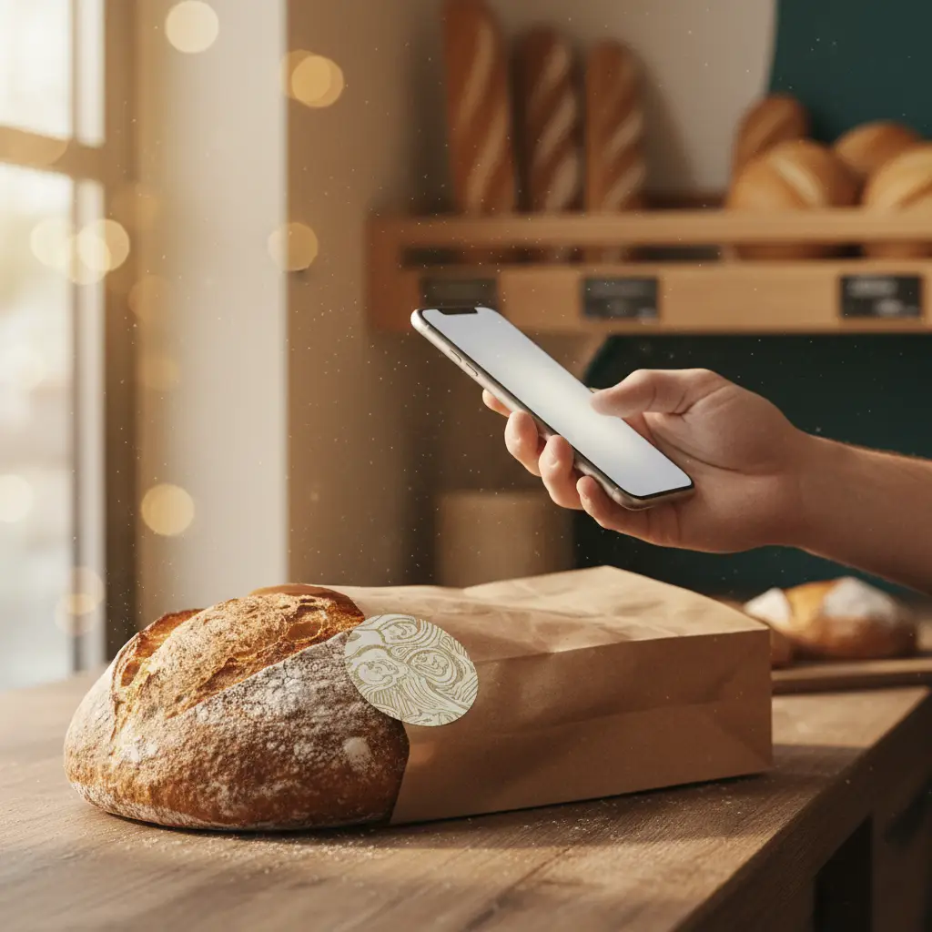 Una mano avvicina lo smartphone all’etichetta NFC sul sacchetto di un pane artigianale