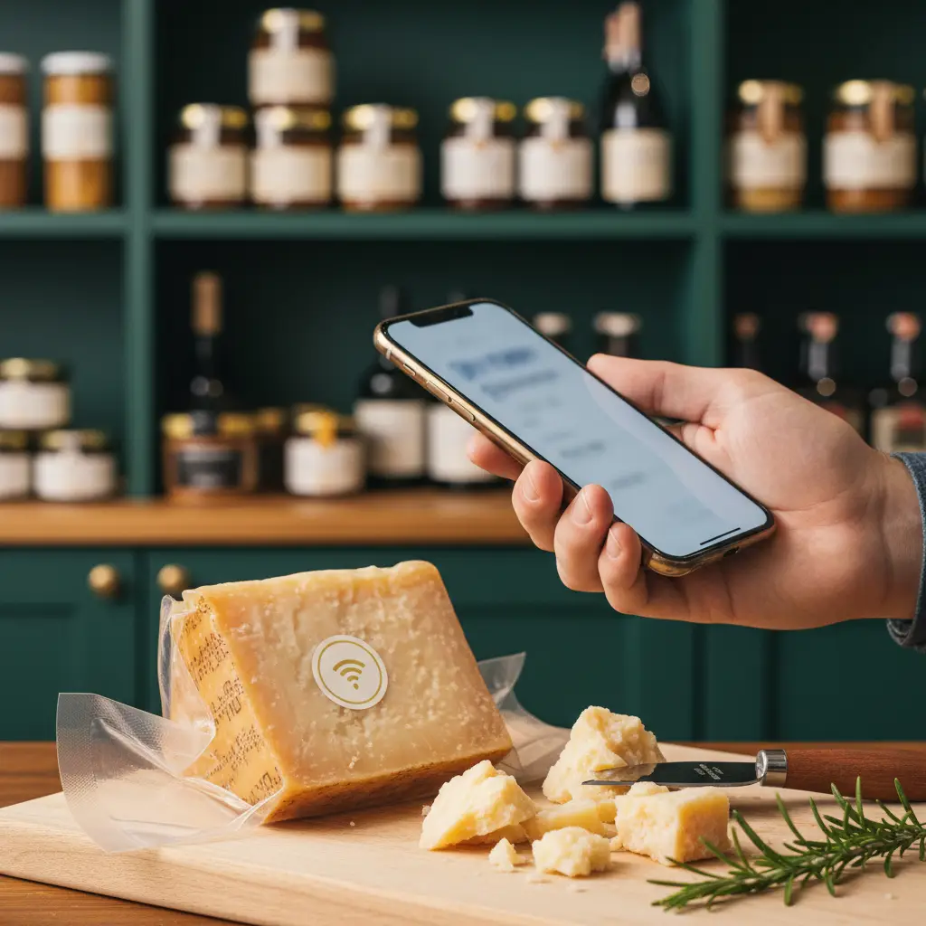 Una mano avvicina lo smartphone all’etichetta NFC di uno spicchio confezionato di Parmigiano Reggiano
