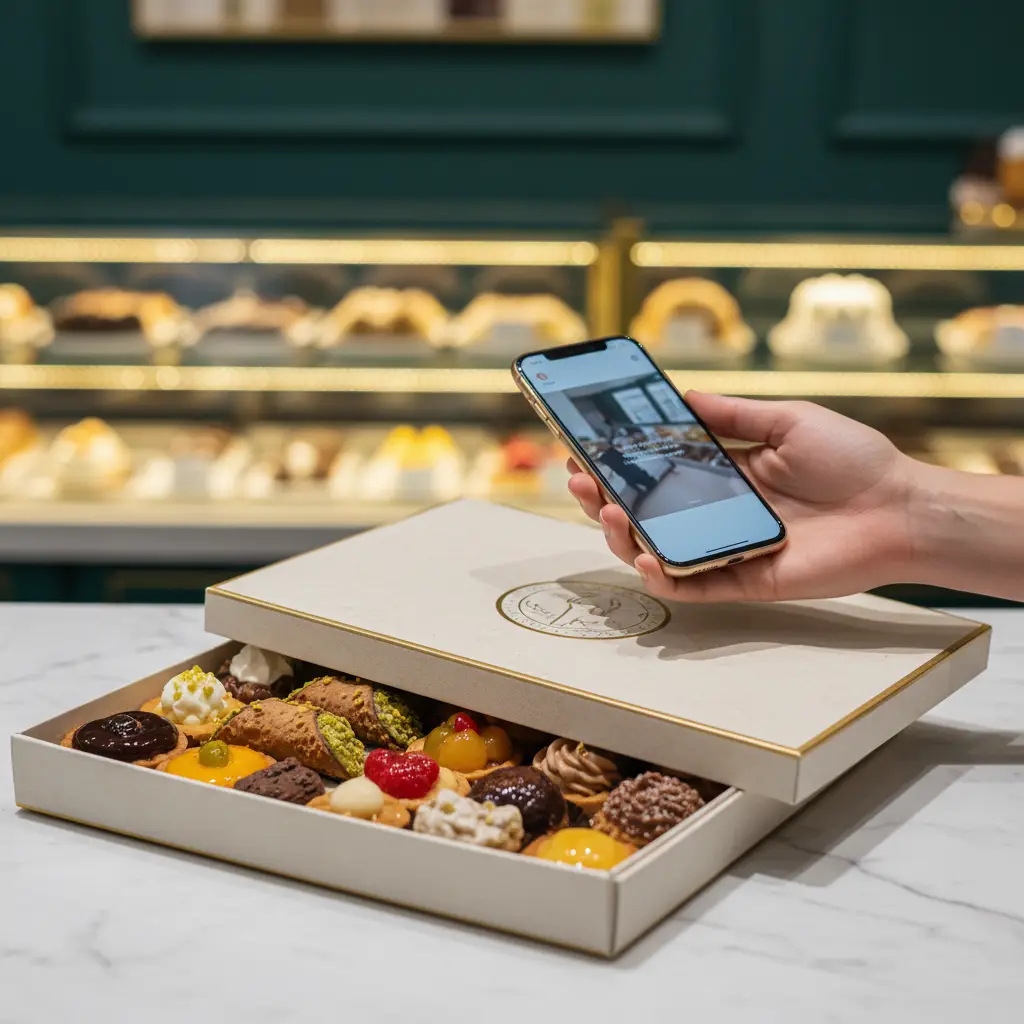 Una mano avvicina lo smartphone al sigillo NFC di una scatola di pasticceria