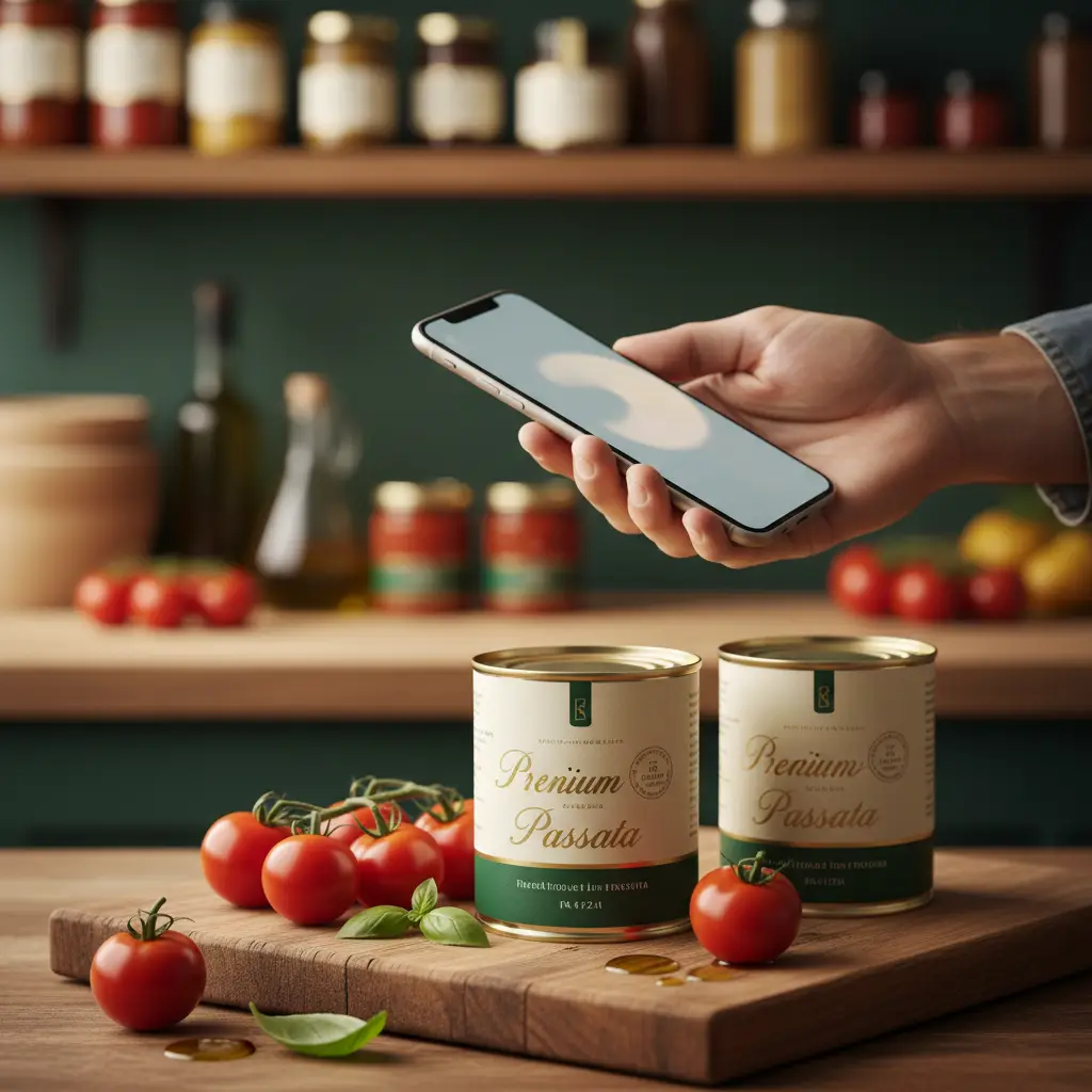 Una mano avvicina lo smartphone all’etichetta NFC di una latta di passata di pomodoro
