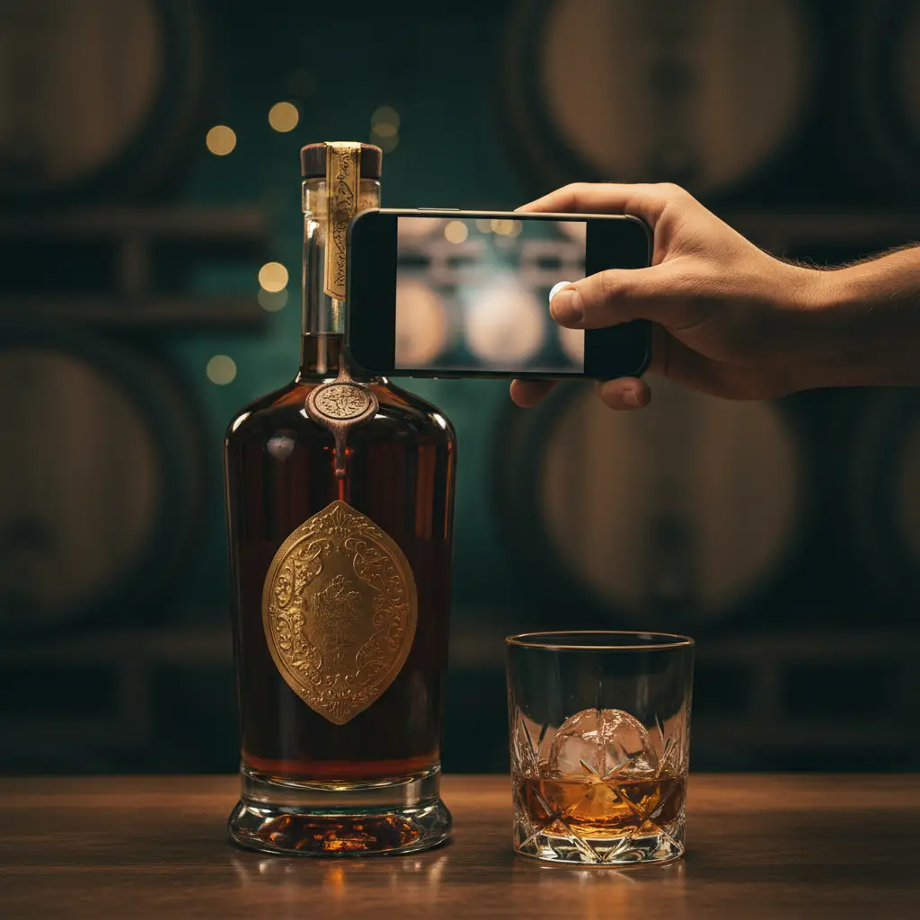 Una mano avvicina lo smartphone all’etichetta NFC di una bottiglia di distillato invecchiato